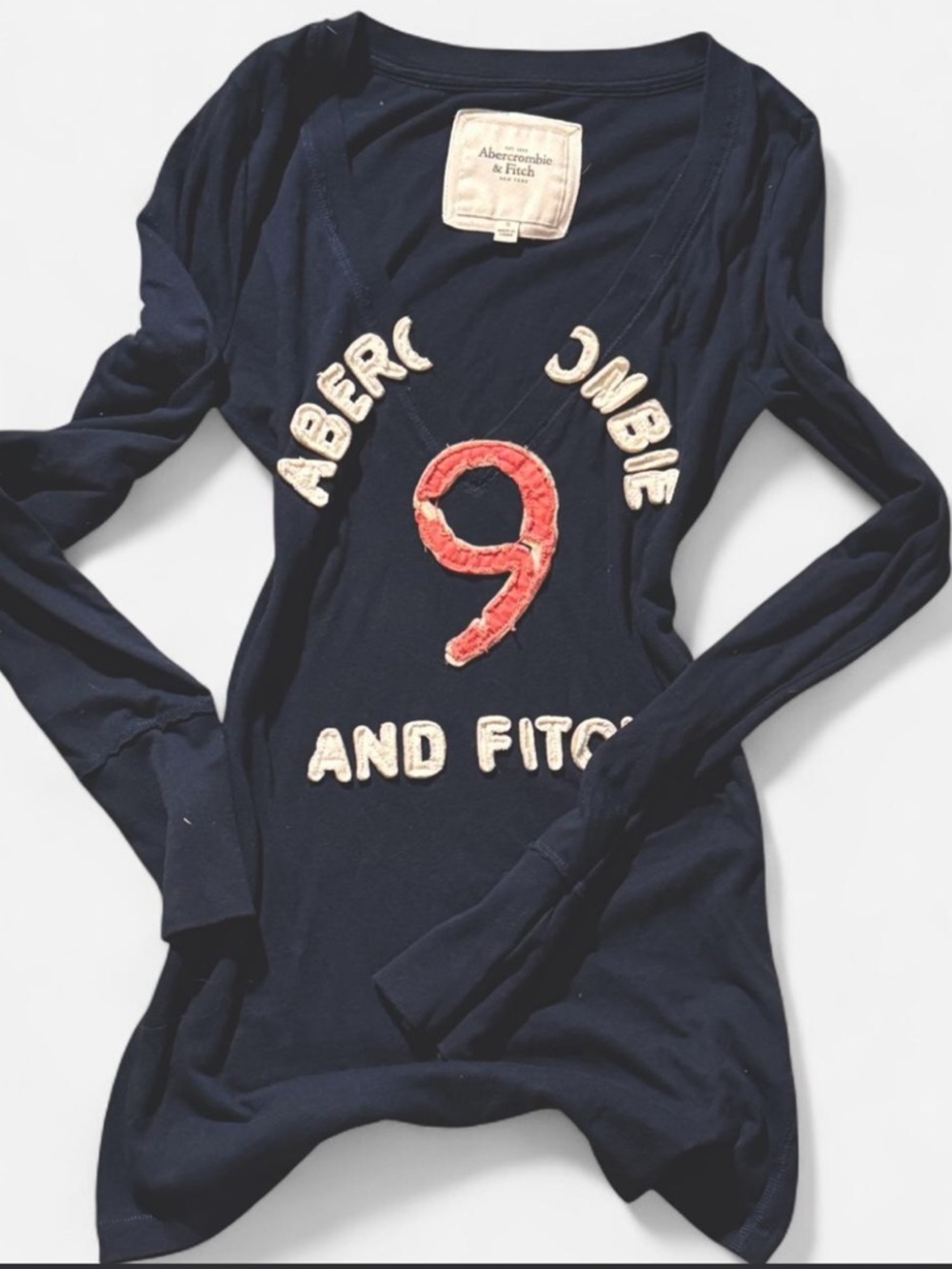 Abercrombie & Fitch Navy Long Sleeve Tee with Cream Logo and Red '9'